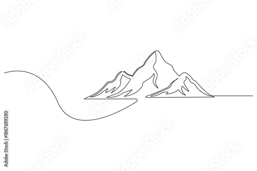 Minimal continuous one line drawing illustration of a solitary mountain peak with an elegant entry line from the distance