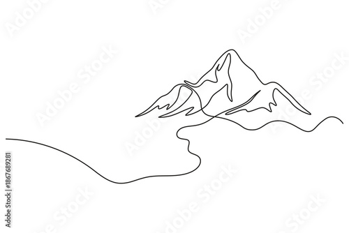 Single continuous line art minimal illustration of graceful mountain slopes and a winding trail for wanderlust and travel themes