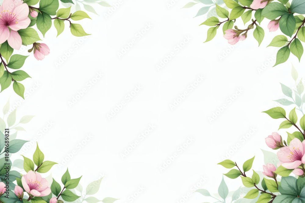 Fototapeta premium Springtime foliage and blossom corners with white center