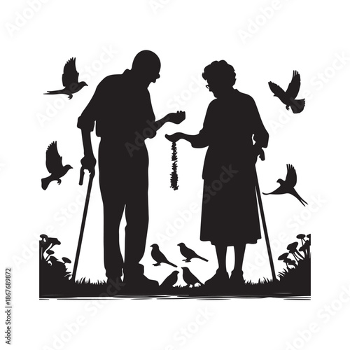 Elderly couple feeding birds in a park silhouette with transparent background nature