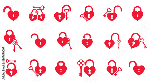 Heart lock and key icon set. Love padlock and vintage skeleton key silhouettes for Valentine’s Day, romance and wedding themes. Vector collection.