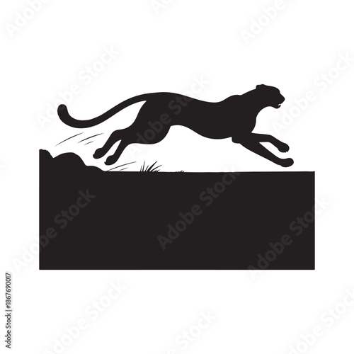 Silhouette of cheetah leaping over a ledge in a stylized landscape leopard big cat