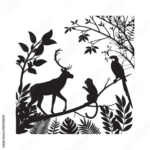 Silhouette of deer, monkey, and parrot in a forest setting bird animal
