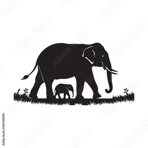 Silhouette of mother and baby elephant walking through grass calf family