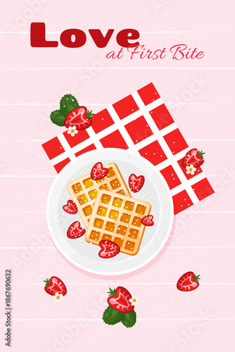 Vibrant poster with waffles with strawberry in red and pink colours. Lovely banner with food. Decorations for Valentines Day, backery, cafe, restaurant. Flat  style. Delicious dessert. Vector