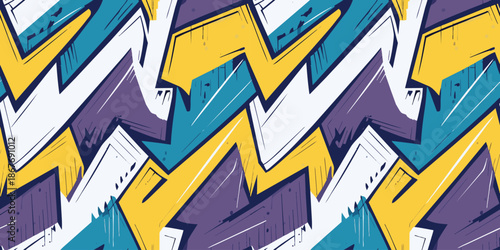 Seamless graffiti vector pattern with colorful abstract arrows in yellow purple, teal and white on urban background