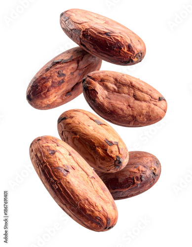 Cocoa beans flying on transparent background