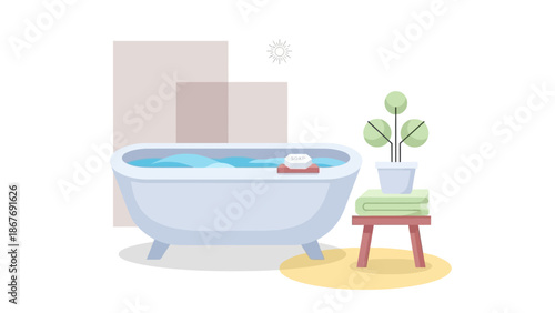 Bathroom Scene with Bathtub and Plant.