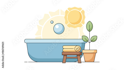 Blue Bathtub with Towel and Plant.