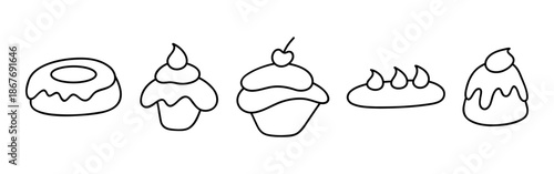 Hand Drawn Sweet Desserts Icon Set Vector Illustration Isolated on White Background, Black and White Doodle Style Line Art of Cakes, Donuts and Pastries