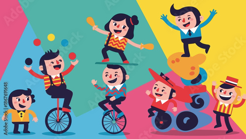 Cartoon Children Playing on Bicycles and Tricycles.