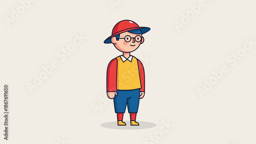 Cartoon Boy Wearing Red Cap and Glasses.