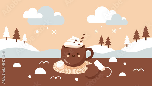 Cartoon Hot Chocolate Mug with Whipped Cream.