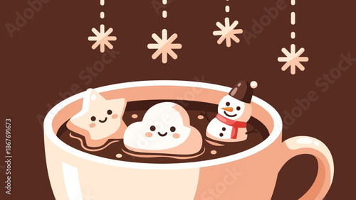 Cartoon Marshmallow Snowman Hot Chocolate Mug.