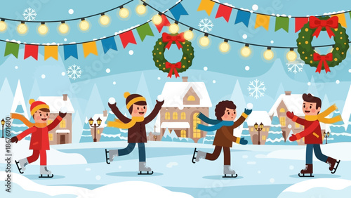 Children Ice Skating on Frozen Pond Winter.