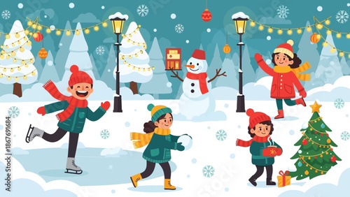 Children Playing Ice Skating in Snow.