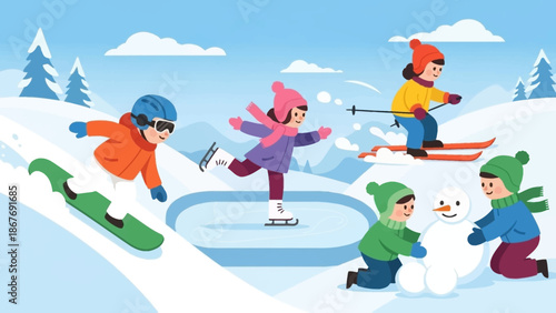 Children Playing Snowboarding and Sledding Downhill.