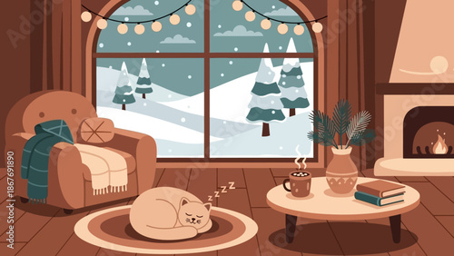 Cozy Cat Sleeping on Round Rug.