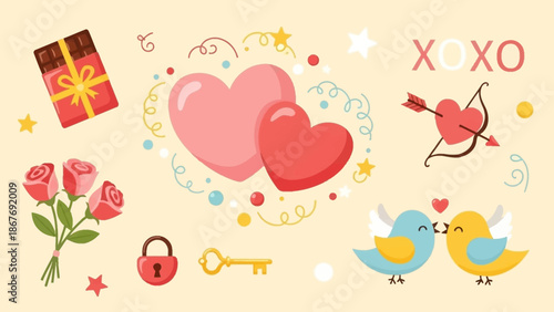 Valentines Day Symbols Hearts Love Birds Roses.