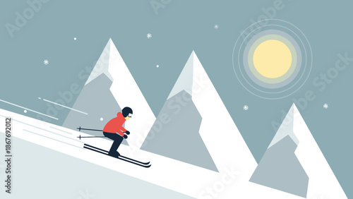Skiing Man on Snowy Mountain Slope.