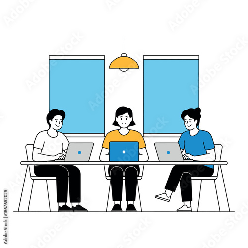 Three diverse colleagues collaborate efficiently using modern laptop computers while sitting together.