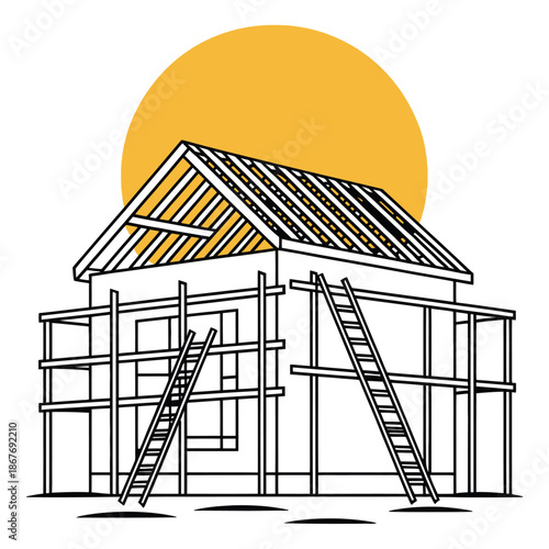 Unfinished house structure stands against a bright sun with scaffolding and ladders showing.