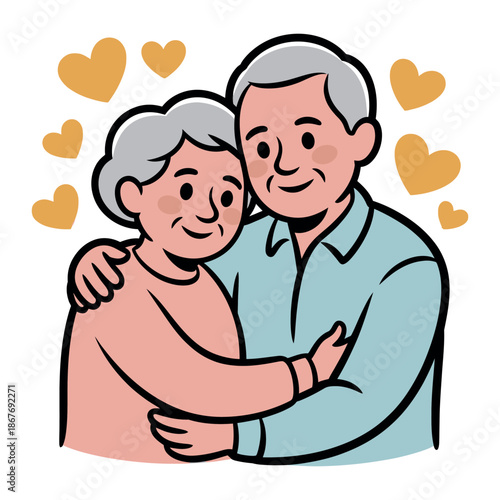 Loving elderly couple embraces warmly surrounded by floating golden hearts symbolizing deep affection.