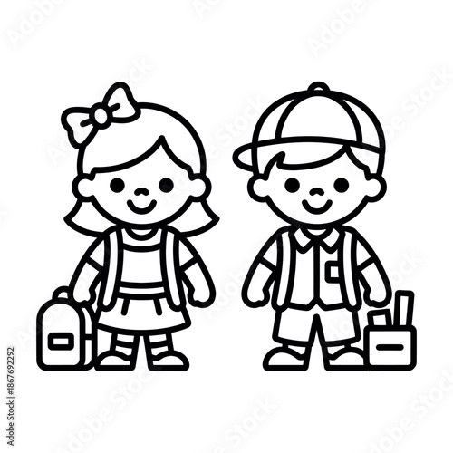 Two cheerful cartoon schoolchildren with backpacks standing ready for the first day of school.