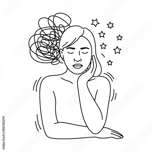 Woman experiencing mental confusion with tangled thoughts and dizzy stars illustrating stress.