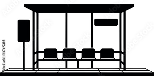 Black and white silhouette of an empty public transit shelter showing four attached seats for waiting.