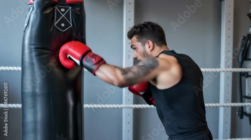 A man boxing on a punching bag in a gym  