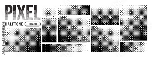 Fade dither pattern and pixel square background with dot effect line. Vector geometric flat and halftone art rectangular with design grid simple. Graphic fade disperse and broken.