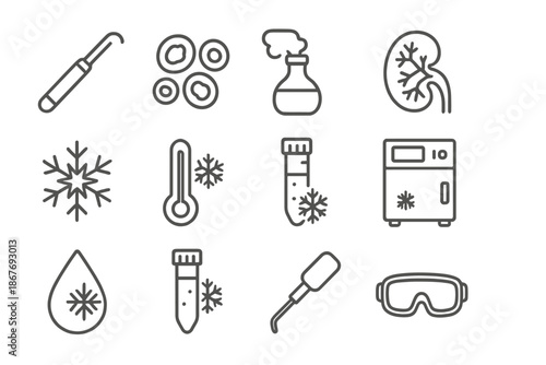Cryomedicine Line Icons. Line style icons of cryomedicine: cryo catheter, frosted cells, liquid nitrogen flask, frozen organ; ice