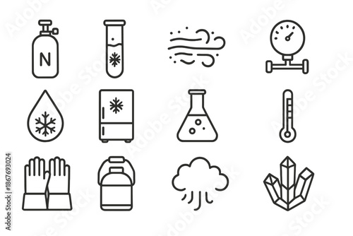 Cryogenic Science Icons. Line style icons of cryogenic science: nitrogen cylinder, frosted tube, cold mist, pressure valve;