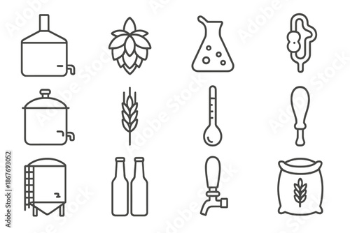 Microbrewery Equipment Icons. Line style icons of Microbrewery Equipment: Mash Tun, Hops, Yeast Culture, Fermentation Lock;