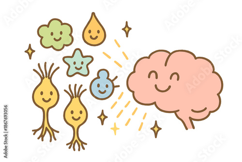 Cheerful Scent Adventure. Cheerful doodle smell perception theory scene with happy olfactory neurons, cartoon odor molecules with