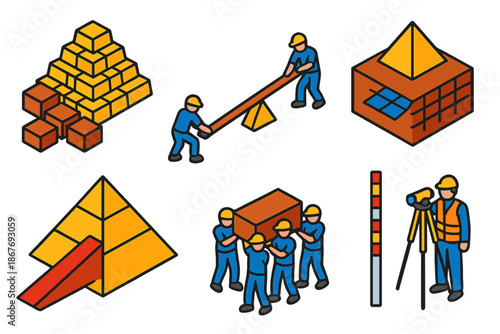 Pyramid Construction Icons. Isometric vector illustration set Geotechnical engineering of pyramids: quarry blocks, lever systems,