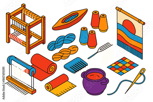 Artisan Weaving Tools. Isometric vector illustration set Artisan Weaving: loom frame, shuttle boat tool, colored thread reels,