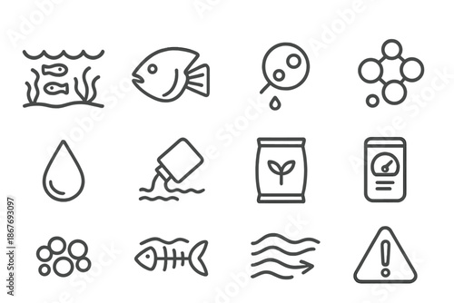 Oceanic Hypoxia Icons. Line style icons of Oceanic Hypoxia: Dead Zone, Fish Gill, Low Oxygen, Nutrient Runoff; Algae Cluster,