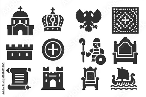 Byzantine Icons Collection. Solid style icons of Byzantine Empire: domed church, imperial crown, double-headed eagle, mosaic panel