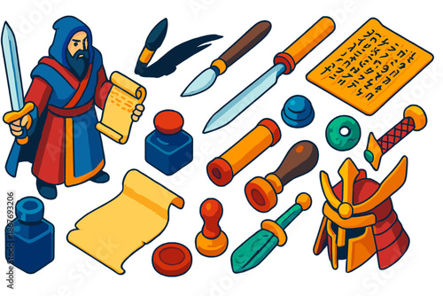 Sword & Scroll Icons. Isometric vector illustration set Sword & Scroll: mystical scholar warrior, text manuscript, ink brush