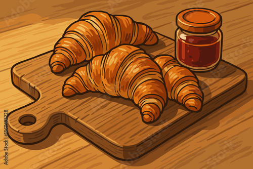 Croissants and Jam Delight. Rustic wooden cutting board topped with vector illustration freshly baked croissants and a small jar