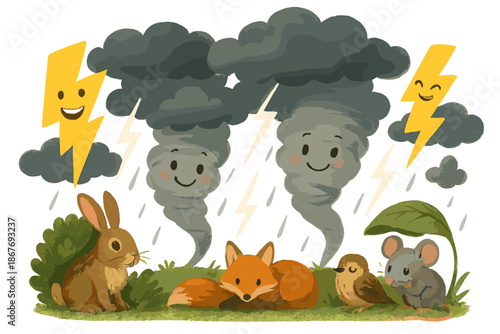 Smiling Storm Chaos. Severe storm scene with friendly tornadoes spinning, lightning bolts grinning, and animals taking cover