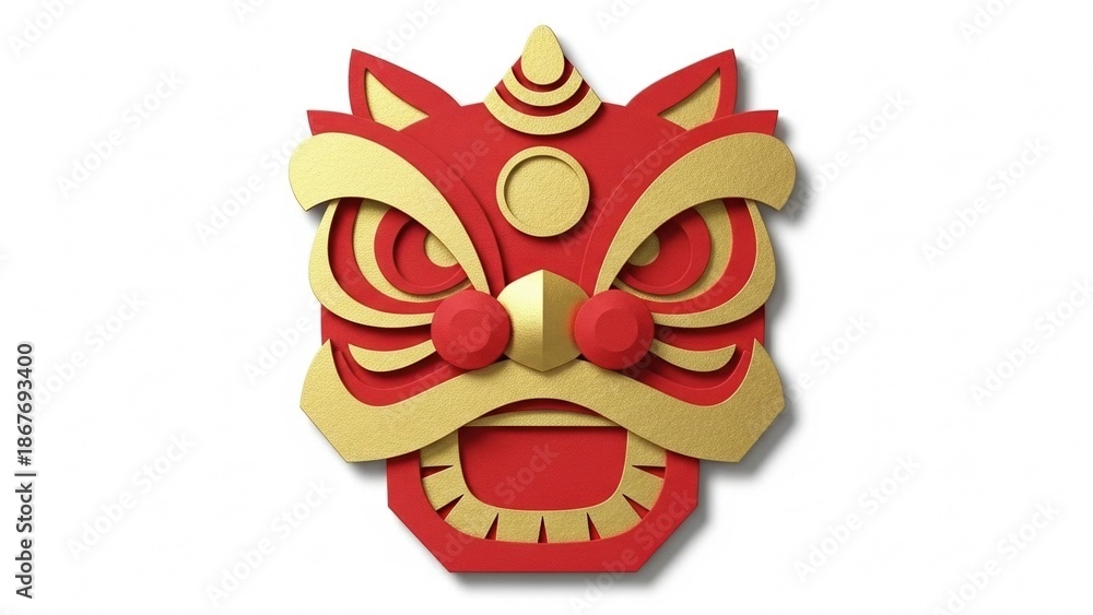 Obraz premium Minimalist Lion Dance Mask Illustration in Red and Gold Paper-Cut Style Celebrating Lunar New Year