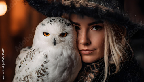 Halloween holiday promotion theme. Spooky scaring. A woman in a witch costume holds a white owl. She wears a black witchs hat, and her attire includes a choker