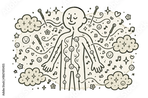 Magical Acupuncture Scene. Magical doodle acupuncture energy flow with smiling meridians, tiny happy symbols floating along,