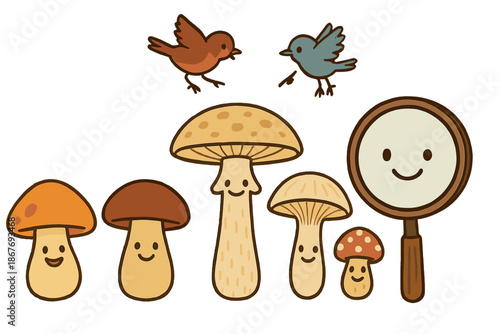 Joyful Mushroom Discovery. Mushroom identification scene with cheerful fungi lined up, magnifying glass smiling, and birds