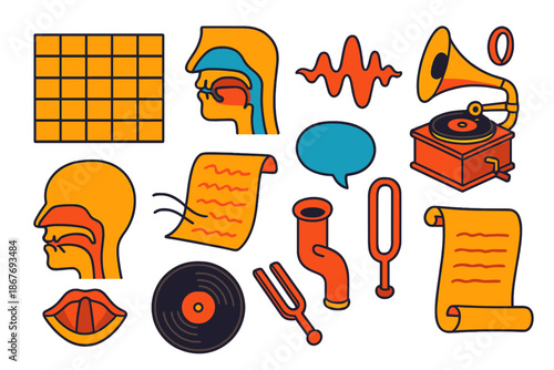 Vintage Phonetic Icons. Isometric vector illustration set Vintage Phonetics: IPA square chart, vocal tract anatomy, stylized