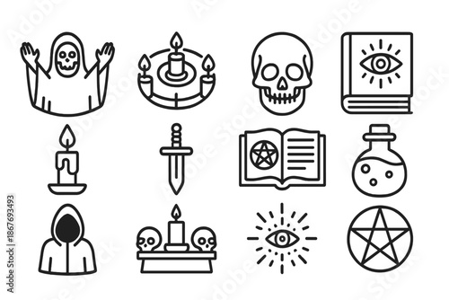 Occult Icons Collection. Line style icons of Dark Occult: Raising the Dead, Ritual Circle, Skull, Secret Knowledge; Candle, Dagger