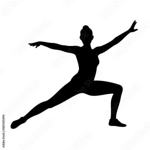Silhouette of a woman performing a dynamic yoga pose with outstretched arms